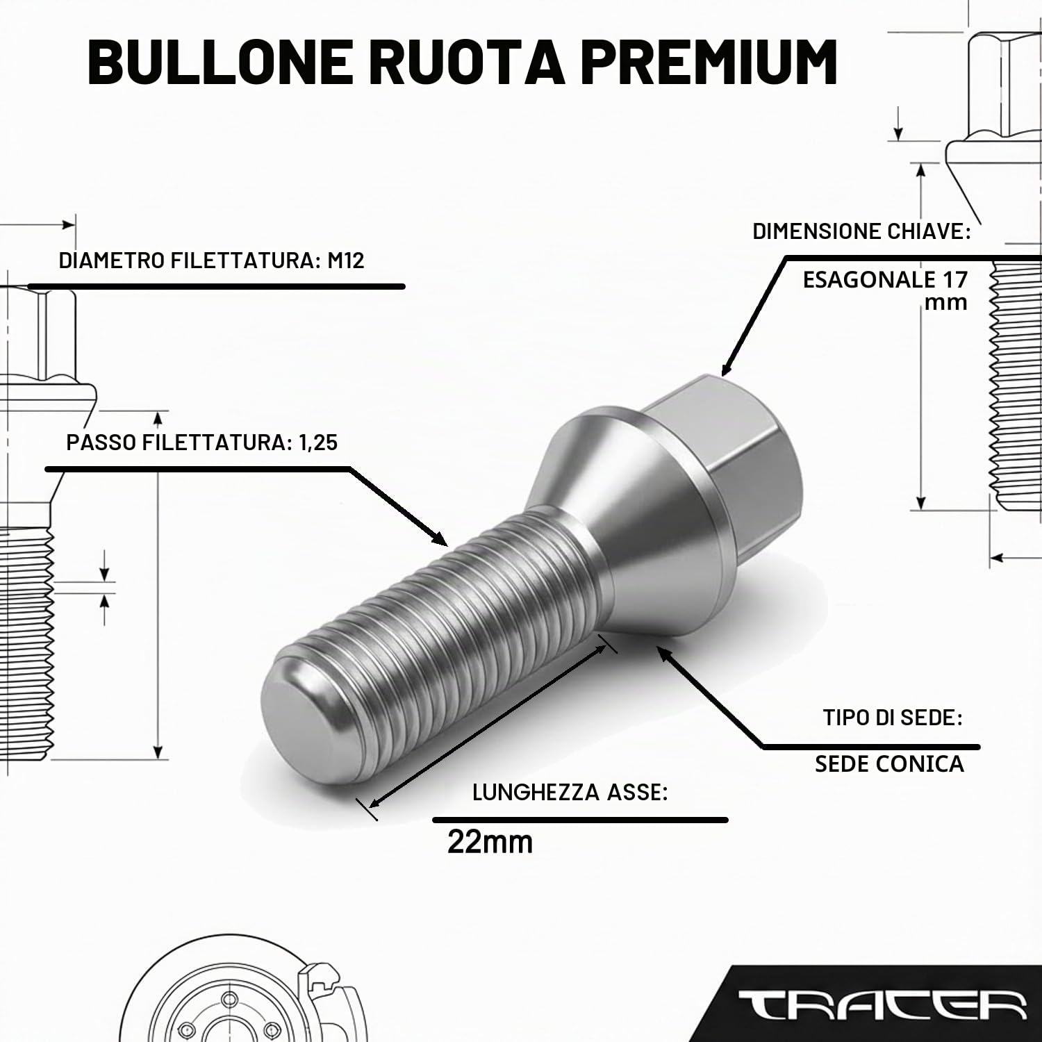 TRACER 20 Steel Rim Bolts Wheel Bolts M12 x 1.25 22mm Cintura conica 60° compatibile con FIAT, Alfa Romeo, Lancia