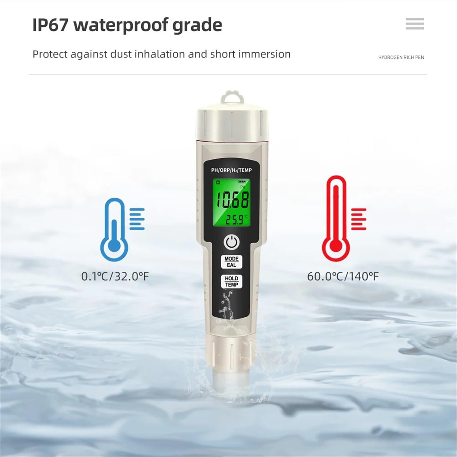 Misuratore di pH 4 in 1, tester arricchito idrogeno, retroilluminazione, ORP, H2, TEMP, penna prova portatile, rilevatore qualità acqua for acquario da piscina,Multifunzionale