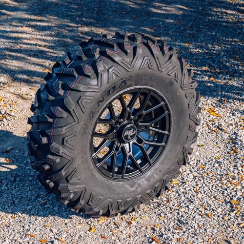 Image of Set of 4 - RockTrix RT104 14in Wheels Rims 14x7, Wanda 30x10-14 Tires 6-Ply Radial, 4x156 4 /156, 4+3 Offset, Compatible with Polaris ATV UTV SxS Applications - Matte Black
