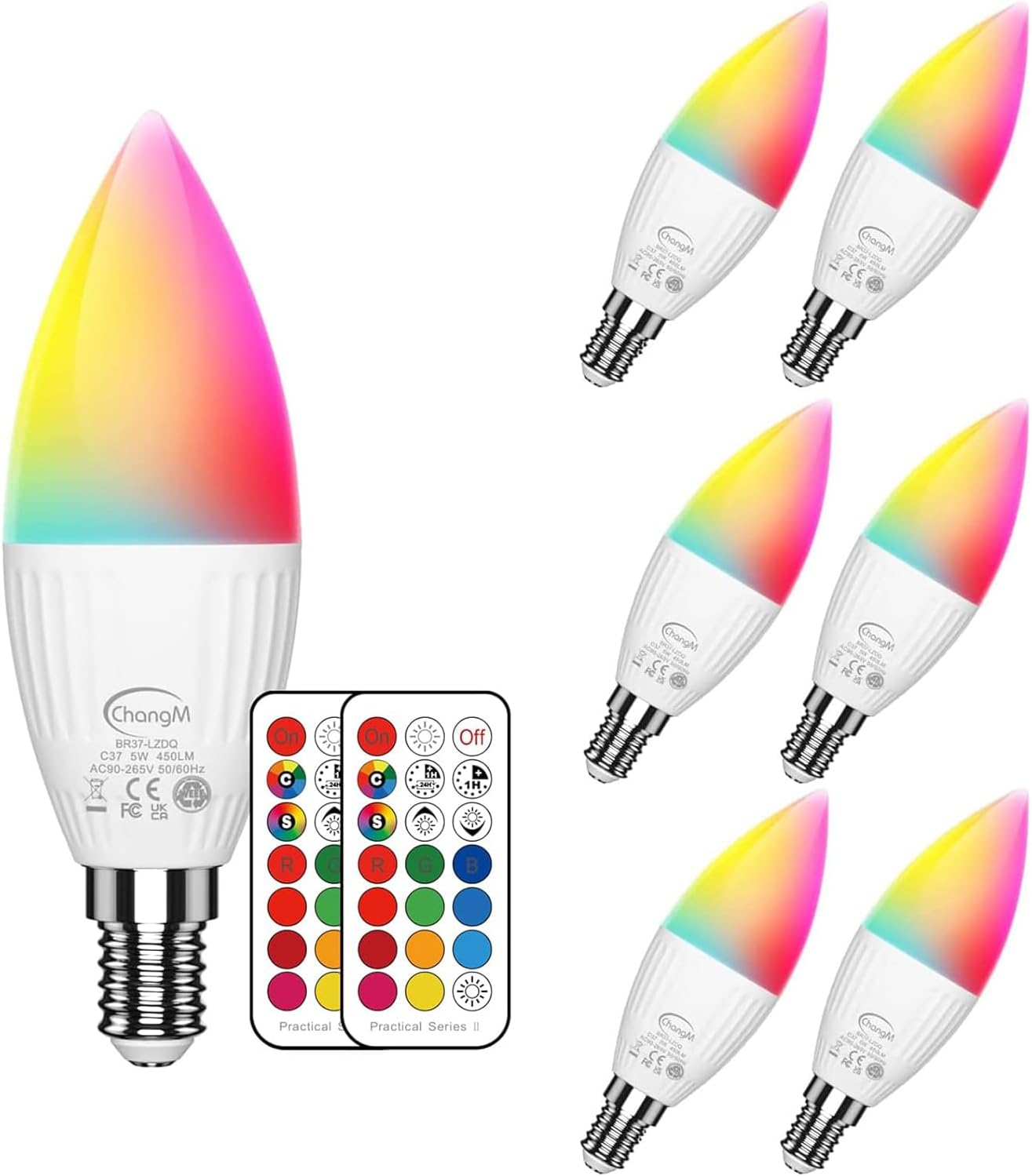 E12 LED Candelabra Light Bulbs 5W, Set of 6 Color Changing Candle Bulbs,Small Base B11 40W Incandescent Equivalent, 560 Lumen, RGB + 2700K Warm White, 12 Colors, 2 Modes, Timer, Remote Control