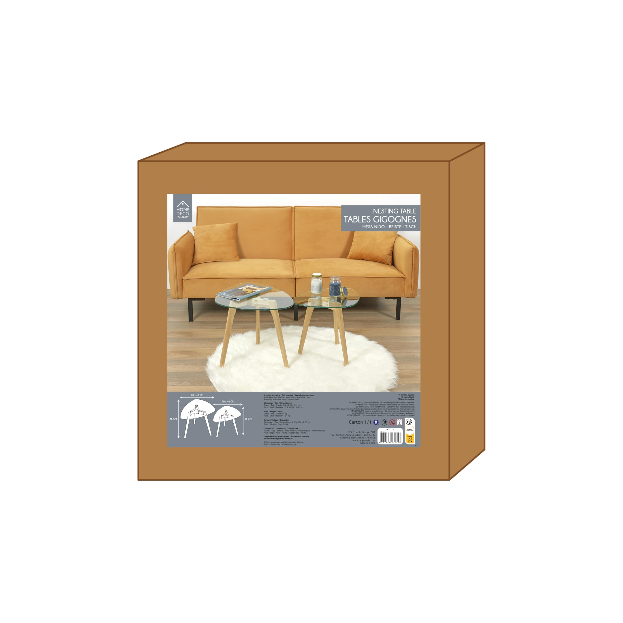 HOME DECO FACTORY - HD3212 Mesas Nido - Diseñadas para la Modularidad del Espacio - Vidrio Templado Transparente - Dimensiones 60 x 45 x 43 cm y 50 x 38 x 40 cm