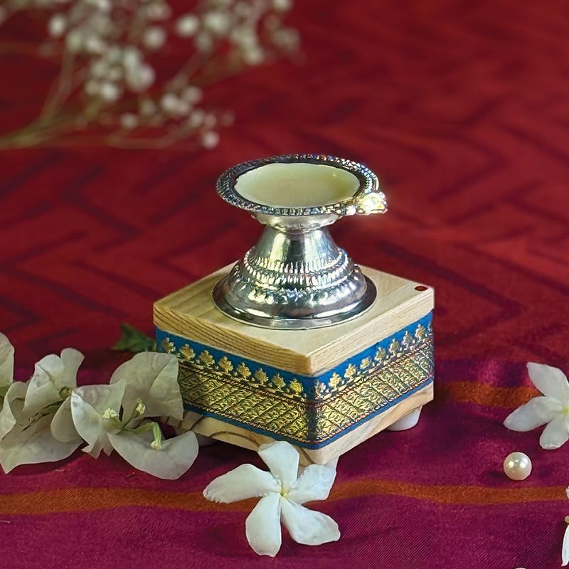 Solar White Metal Niranjan (1 LED). Solar-Powered Diya for Pooja,...