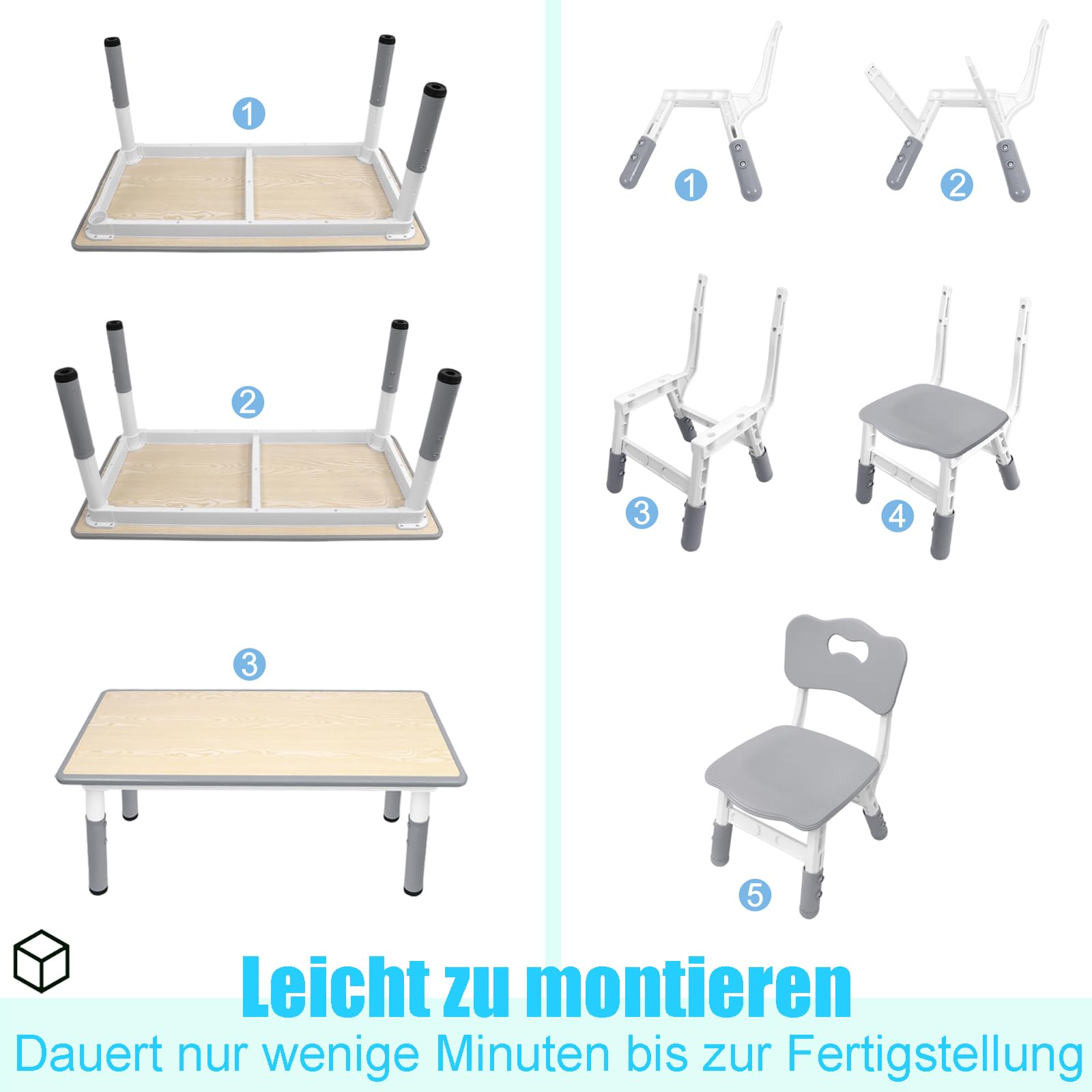 ACXIN Juego de mesa infantil con 4 sillas, de plástico, altura regulable, para habitación infantil, guardería y aula, gris