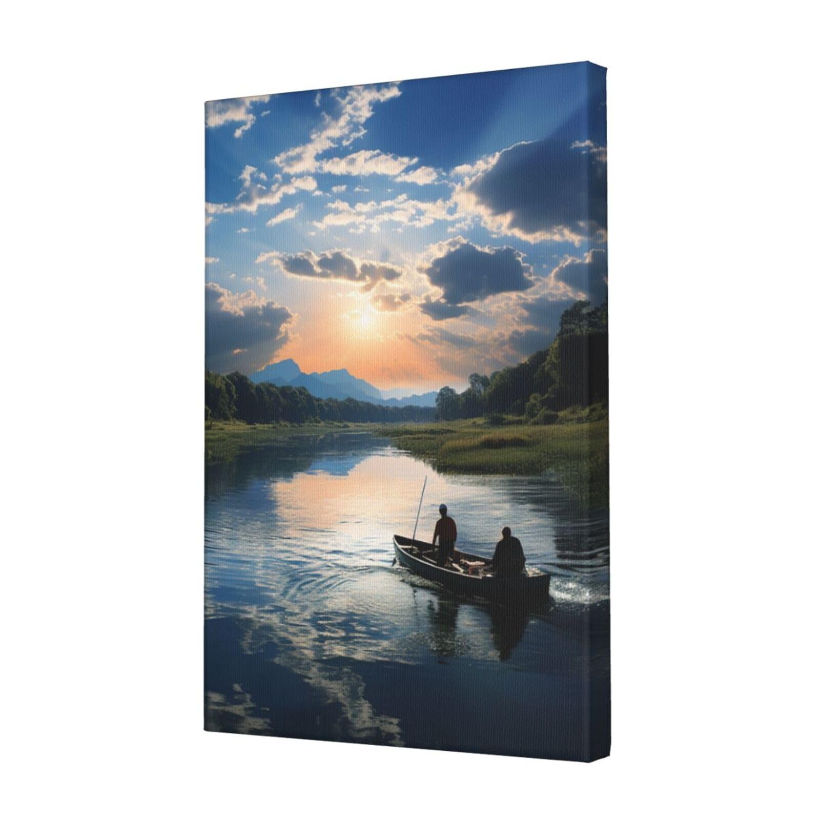 KLOPH Fishing Scenic Canvas Wall Art for Living Room 12"x18" Modern Artwork Painting for Bathroom Hanging Canvas Prints Aesthetic Wallart for Bedroom Kitchen Office Wall Decor