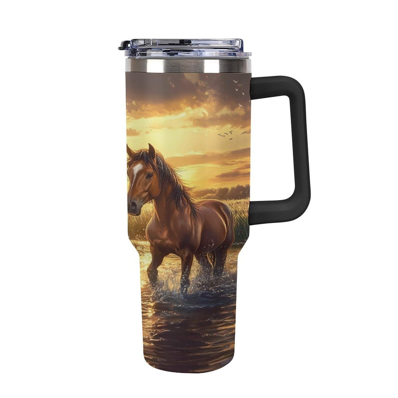 Reise-Kaffeebecher mit Griff, Motiv: Pferd, Sonnenuntergang, 1,2 l, große Kapazität, Autobecher, Wasserflasche