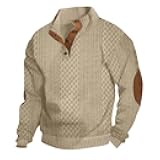 Men's Corduroy Sweatshirts Pullover Casual Long Sleeve Stand Collar Button Henley Waffle Jacquard Splice Shirts