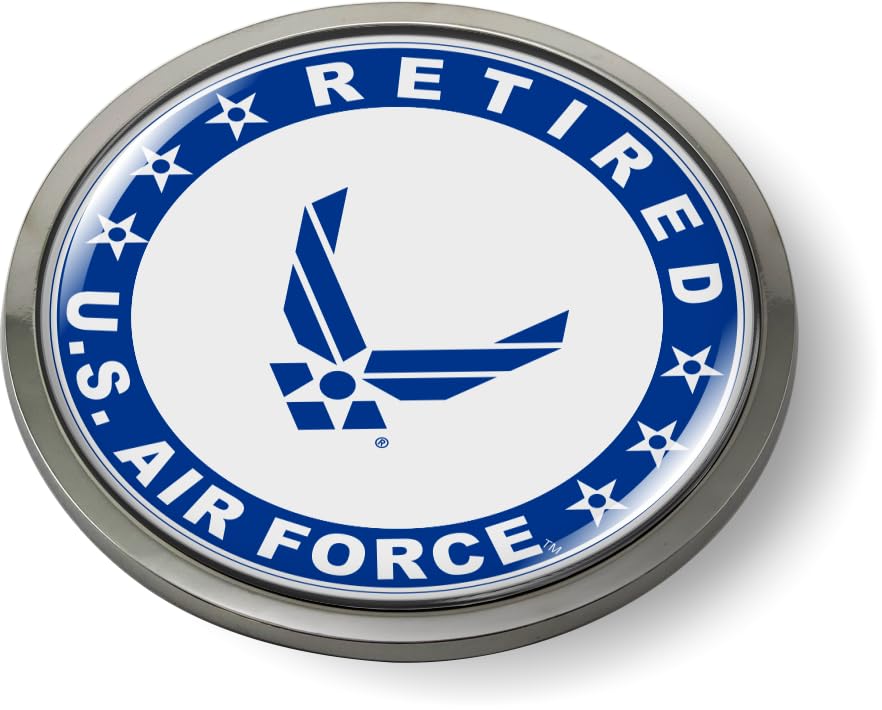 Image of BestLicensePlateFrames - U.S. Air Force Retired Logo with USAF Blue Arnold Wings and Star Symbol 3D Domed CAR Emblem Badge Sticker Chrome Plastic Bezel - Official USAF and USSF Licensed Product