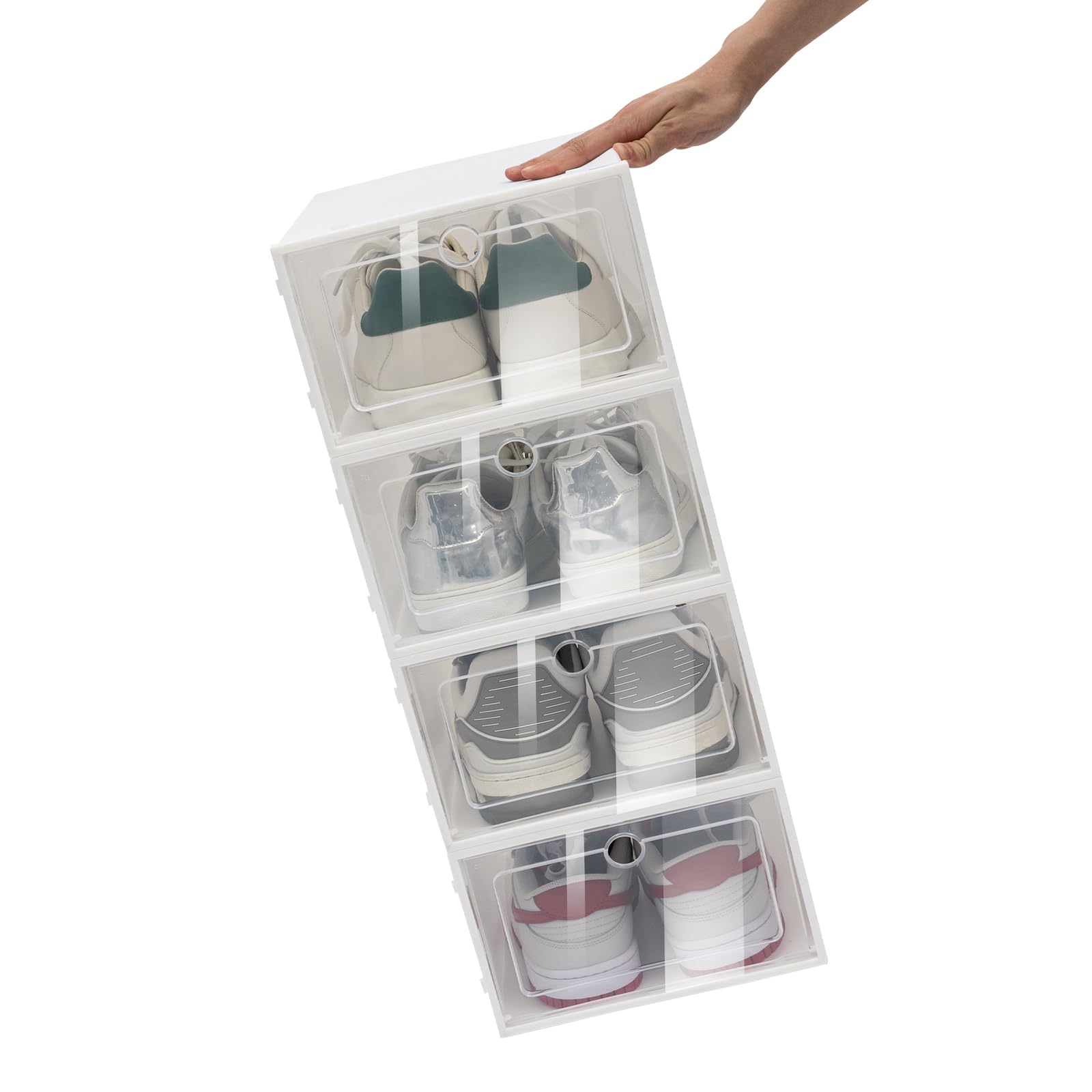 Scatola per scarpe, impilabile, trasparente, per scarpe e giocattoli, 24 | PP & HIPS, bianco/trasparente, 33 x 23 x 14 cm, collegamento con fibbia, foro di ventilazione, per camera da letto, soggiorno