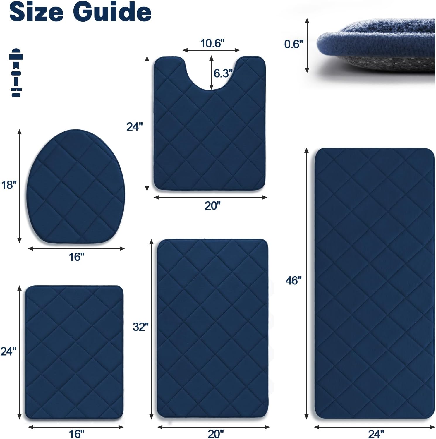 YIHOUSE Memory Foam Bath Mat, Navy Blue Bathroom Rug Set, Soft Non Slip Bathroom Mat, Water Absorbent Bath Rug for Toilet and Floor - Image 2