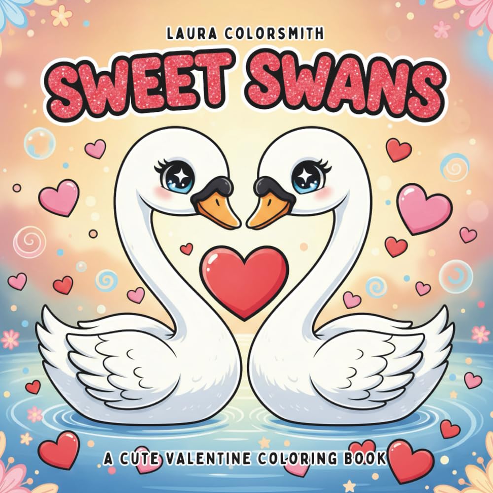 Sweet Swans - A Cute Valentine Coloring Book: Cute Yet Elegant Swan Illustrations with Floral Romance and Valentine Hearts for Relaxation