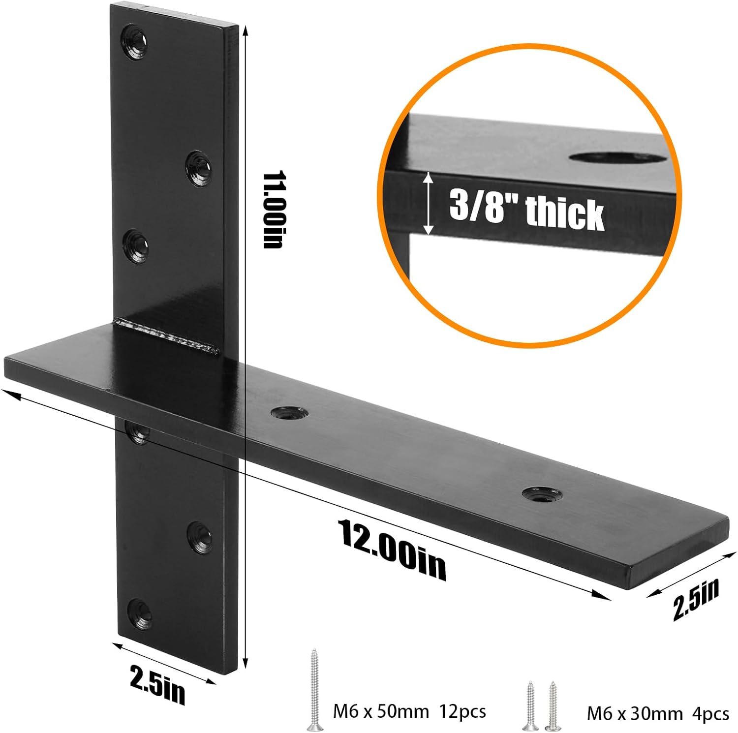 2 Pack Free Hanging T Shelf Bracket, 12"Lx2-1/2"W Granite Countertop Support Bracket, 3/8"Thick Solid Heavy Duty Steel Knee Wall Hidden Brackets, Floating Wall Mounted Computer Desk DIY Project