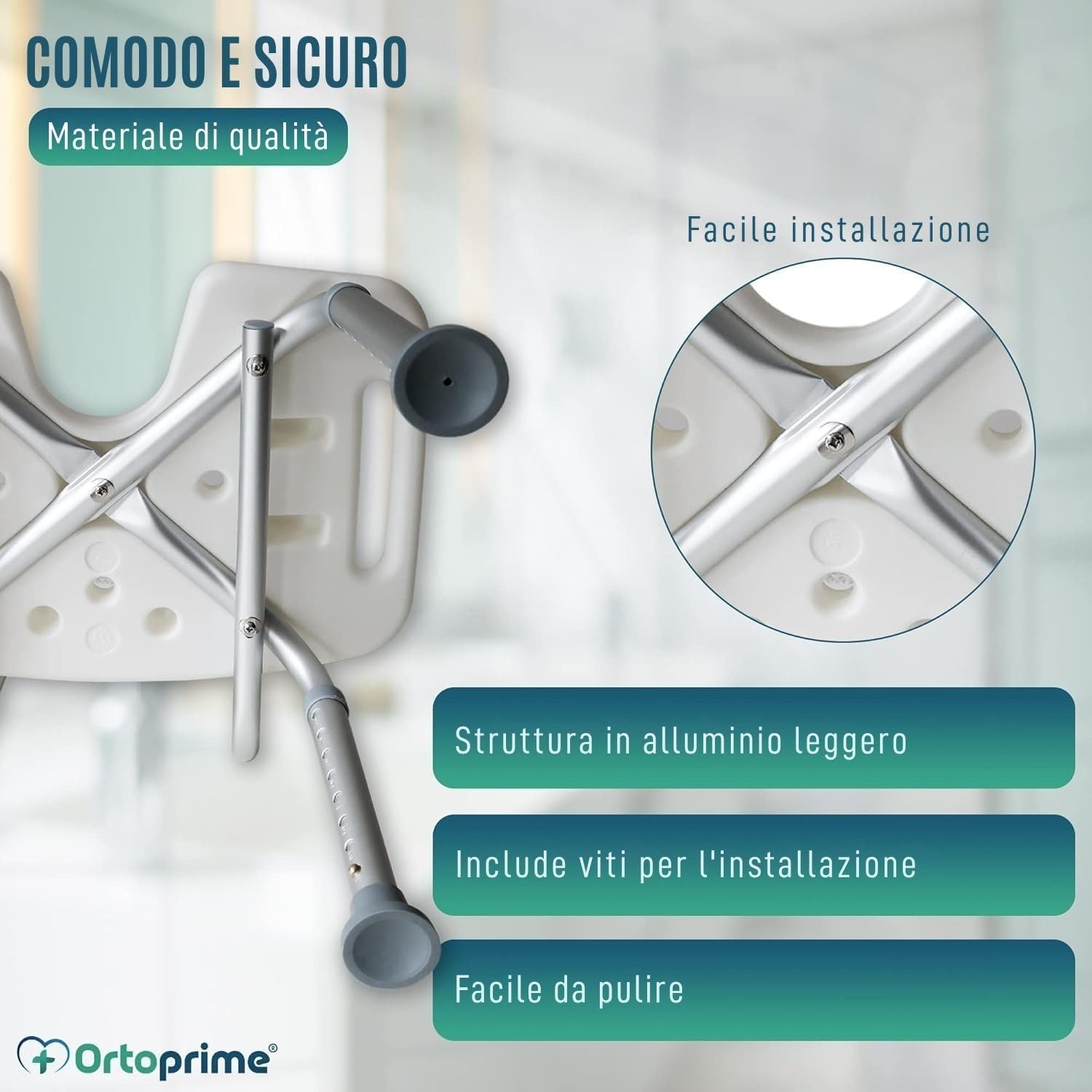 OrtoPrime Sedia da Doccia Ergonomica a U – Sgabello da Doccia Antiscivolo – Sedia per Doccia Anziani Regolabile – Sedile Doccia Anziani Confortevole – Sgabelli Bagno Sicuri e Resistenti