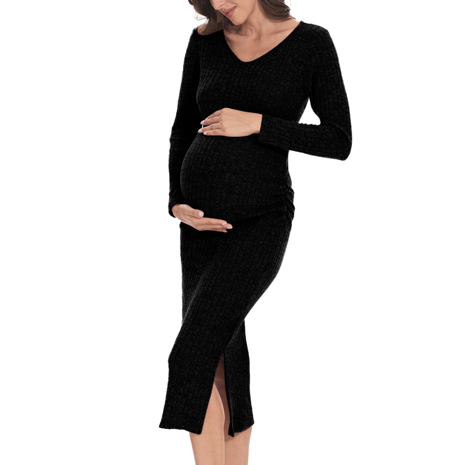 LAHILO Long Sleeve Maternity Sweater Dress for Fall Winter Baby Shower & Photoshoot - Women's Pregnancy Maternity Dresses, A-Black, M