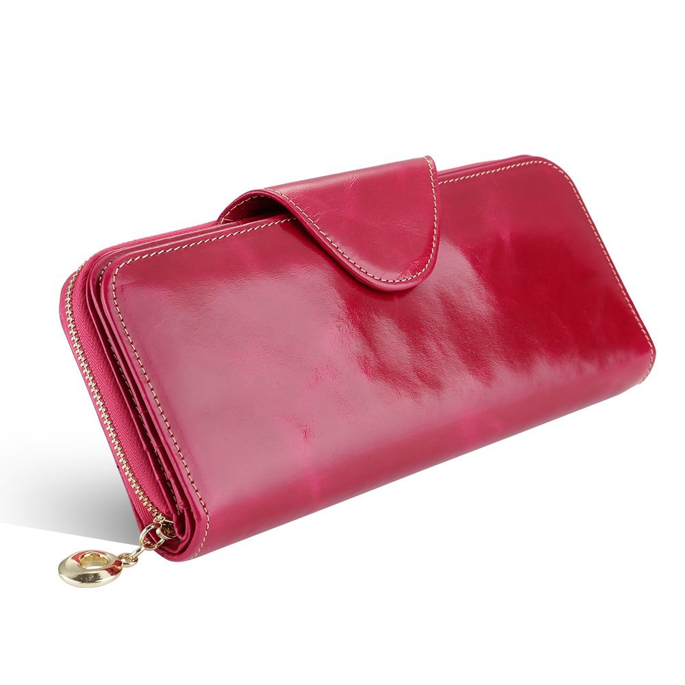 TIHON Women Wallet Genuine Leather Large Trifold Zipper Clutch Phone Case Purse (Red)