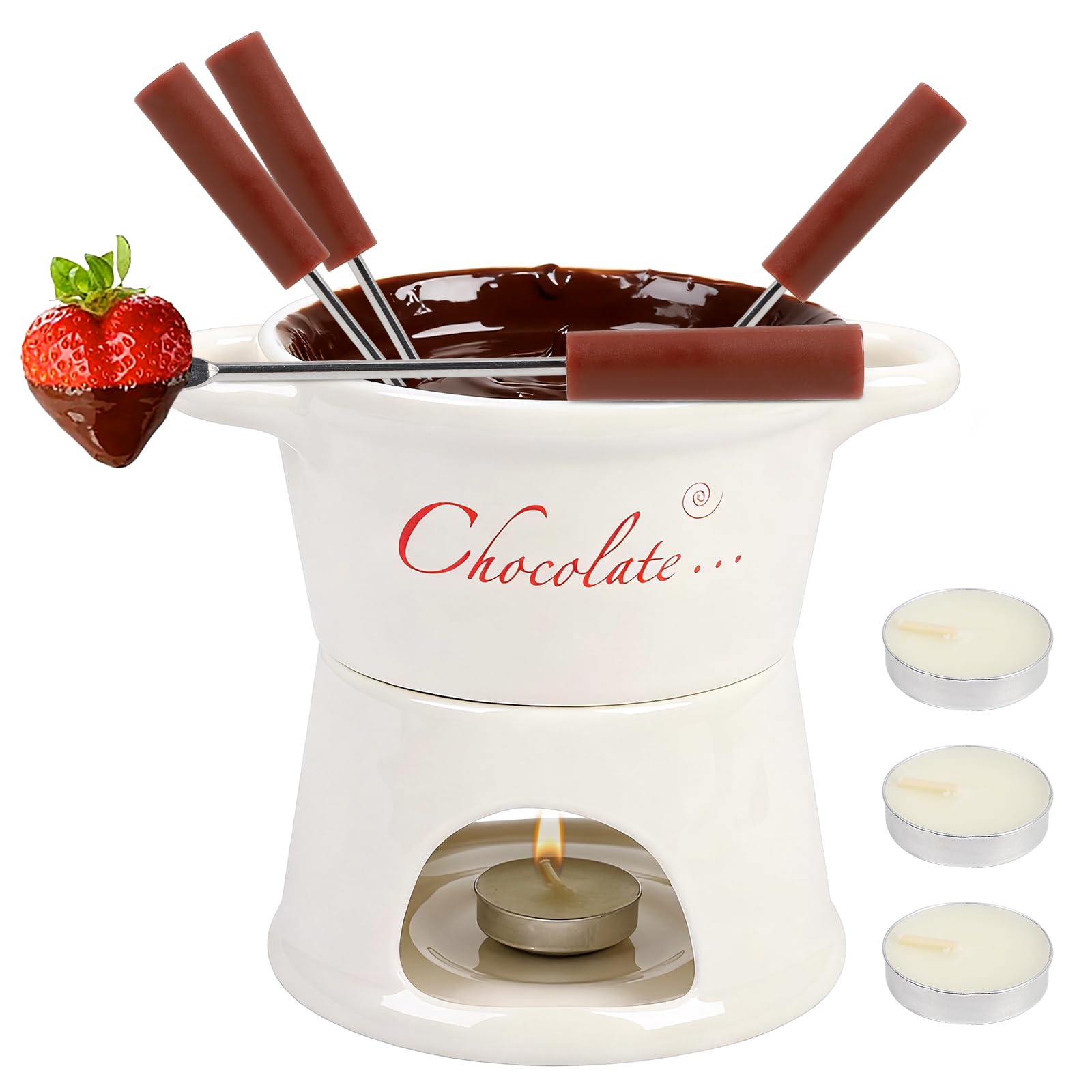 BigKing Tygiel do czekolady i sera, 300 ml, ceramiczny zestaw czekoladowego fondue z 4 widelcami i 4 świeczkami, wyjmowany, mini kubek do fondue do domu, restauracji i kawy