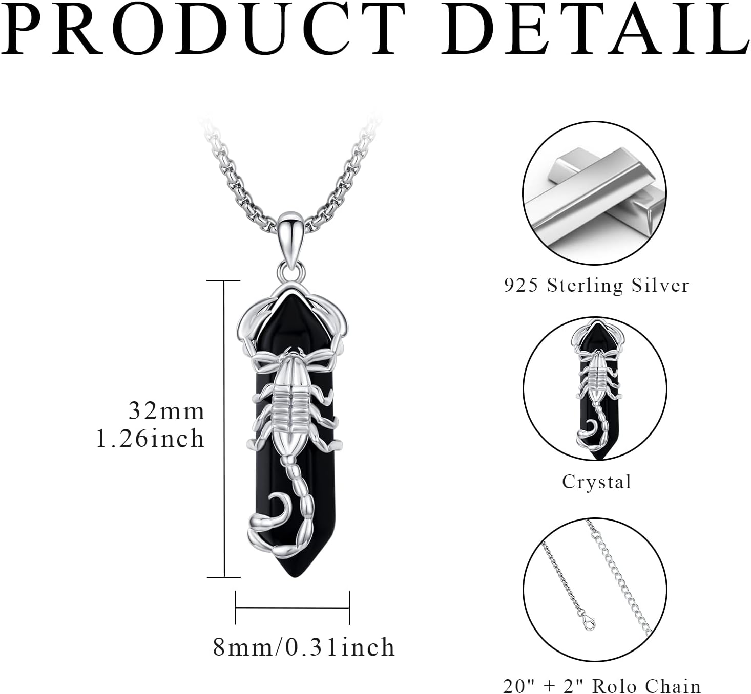 TRISHULA Scorpion Necklace Sterling Silver Healing Crystal Scorpion Pendant Onyx Necklace Animal Jewelry Gift for Women Men Birthday Christmas - Image 3
