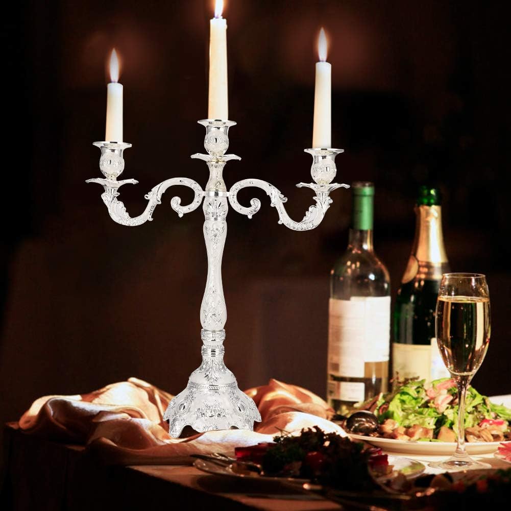 3 Arm Candelabra Silver, 3 Arms Metal Candelabra Vintage Taper Candlestick Holder Tall Taper Candle Holders Decorative Candle Stands for Wedding Decoration