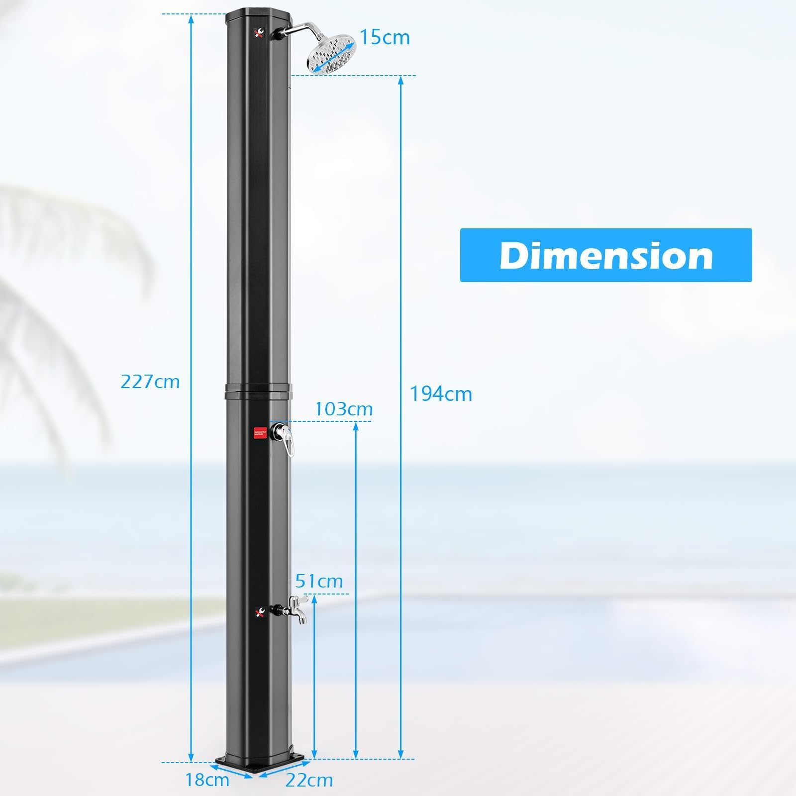 Doccia riscaldata ad energia solare per esterni, con temperatura e pressione regolabili, grande capacità da 35 l, per giardino e piscina, con testa girevole a 360° e spruzzatore a pedale per cortile