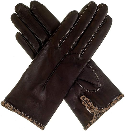BLACK Ladies Leather Gloves with Leopard print Trim Silk Lined