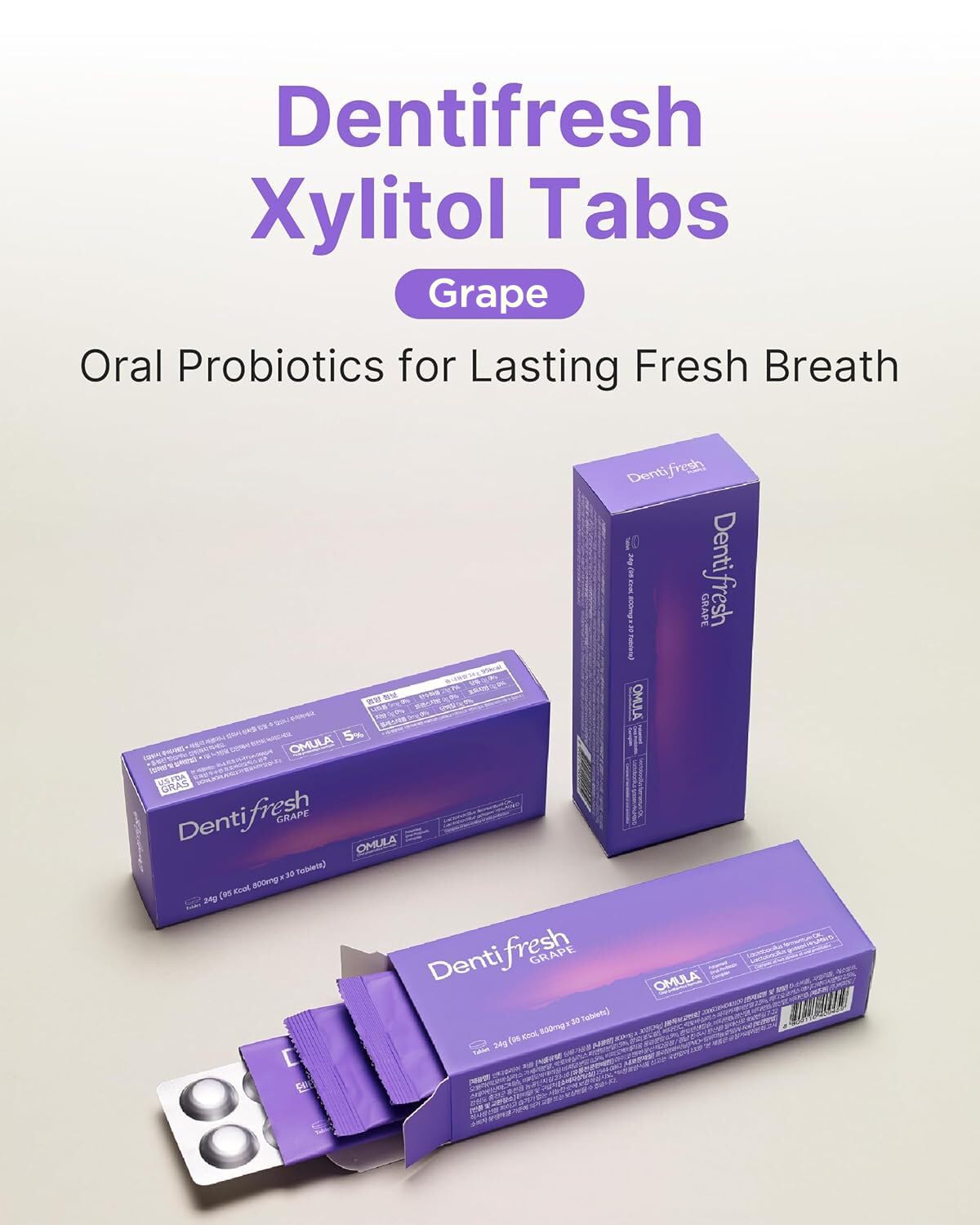 K-Nutra Dentifresh Xylitol Tabs (24g, 30 Tablets) Holiday Gifts 4 Billion CFU, Sugar-Free Oral Probiotics for Teeth & Mouth, Bad Breath Gums, Safe for Bedtime, Mild Grape Flavor with OMULA: Grape
