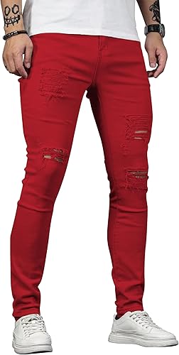 Miniatura 2 de HUNGSON Men's Blue Slim Fit Jeans Stretch Destroyed Ripped Skinny Jeans Side Striped Denim Pants