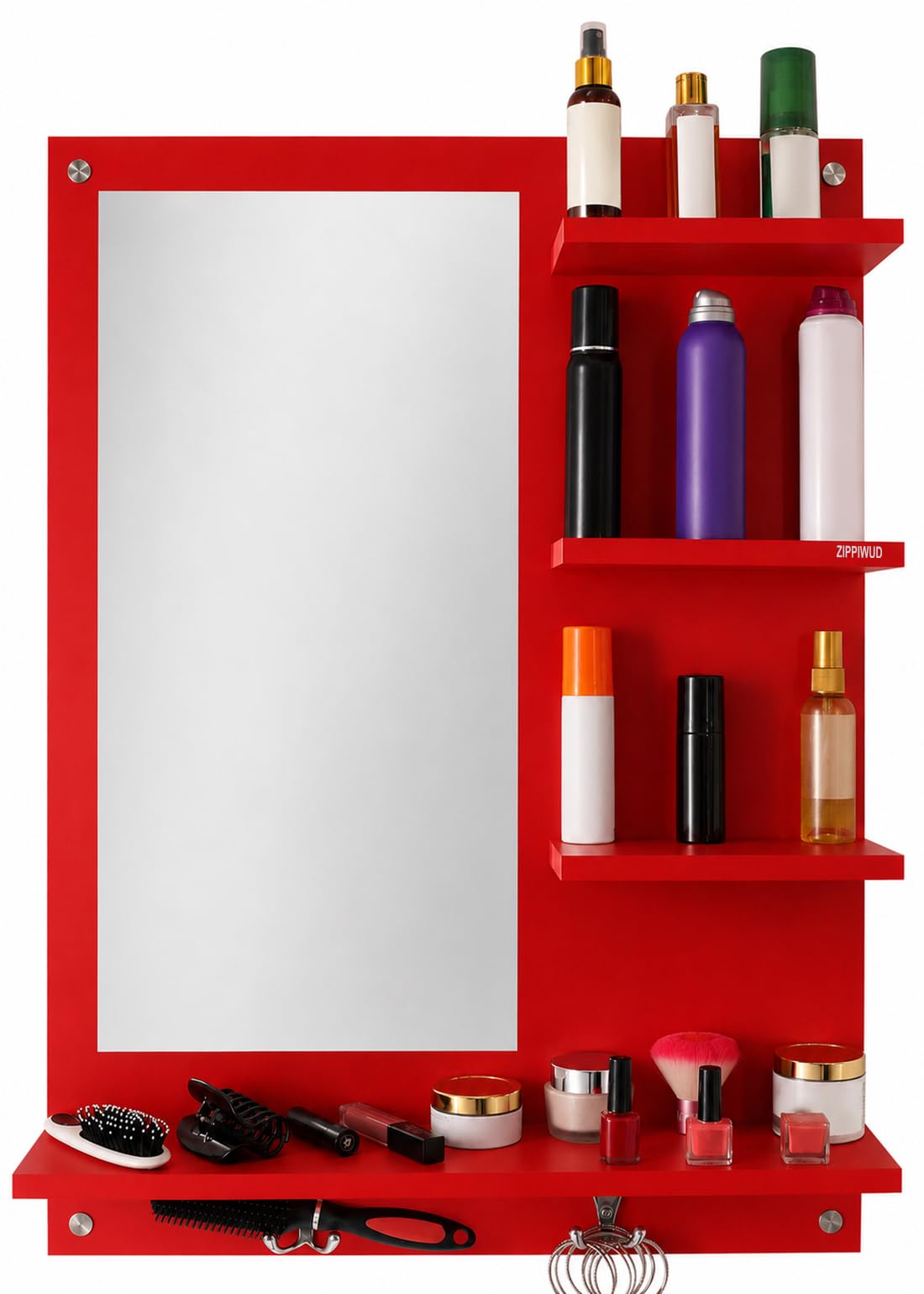 Engineererd Wood Wall Mounted Mirror with Shelves and Hooks Red | 80x60 cm Home Makeup Cosmetics Wash Basin Organizer Bathroom Cabinet Bedroom Wash Basin Full Length Storage Organiser-image-12