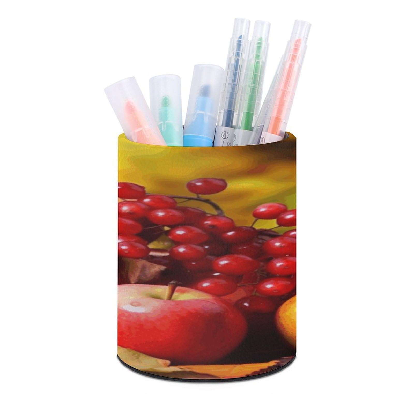 MUSM Fall Red Leaves And Fruits Pen Holder Round PU Leather Pencil Cup Waterproof Pencil Holder for Desk Pen Cup Pen Organizer Pencil Organizer Makeup Brush Holders for Home Office Decor