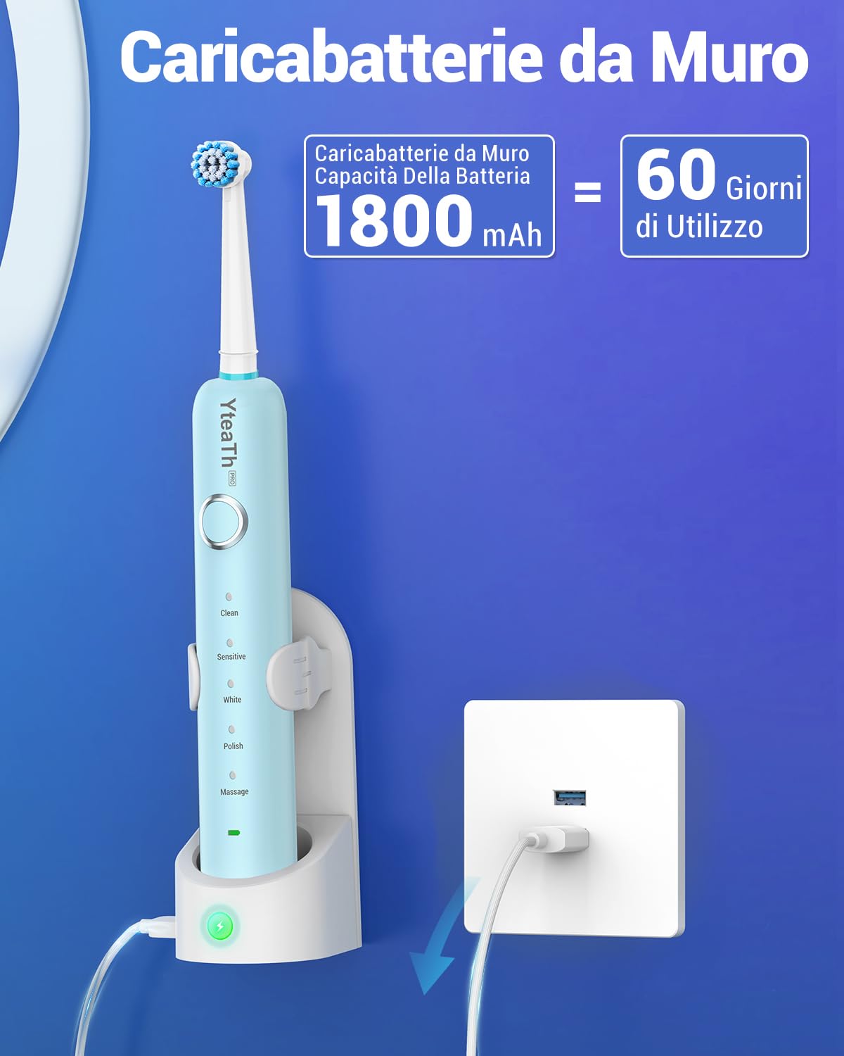 Spazzolino elettrico rotante con 8 testine (2 tipi) per adulti e bambini, durata della batteria 60 giorni, stazione di ricarica wireless da parete, 5 modalità, spazzolino sonico con custodia da