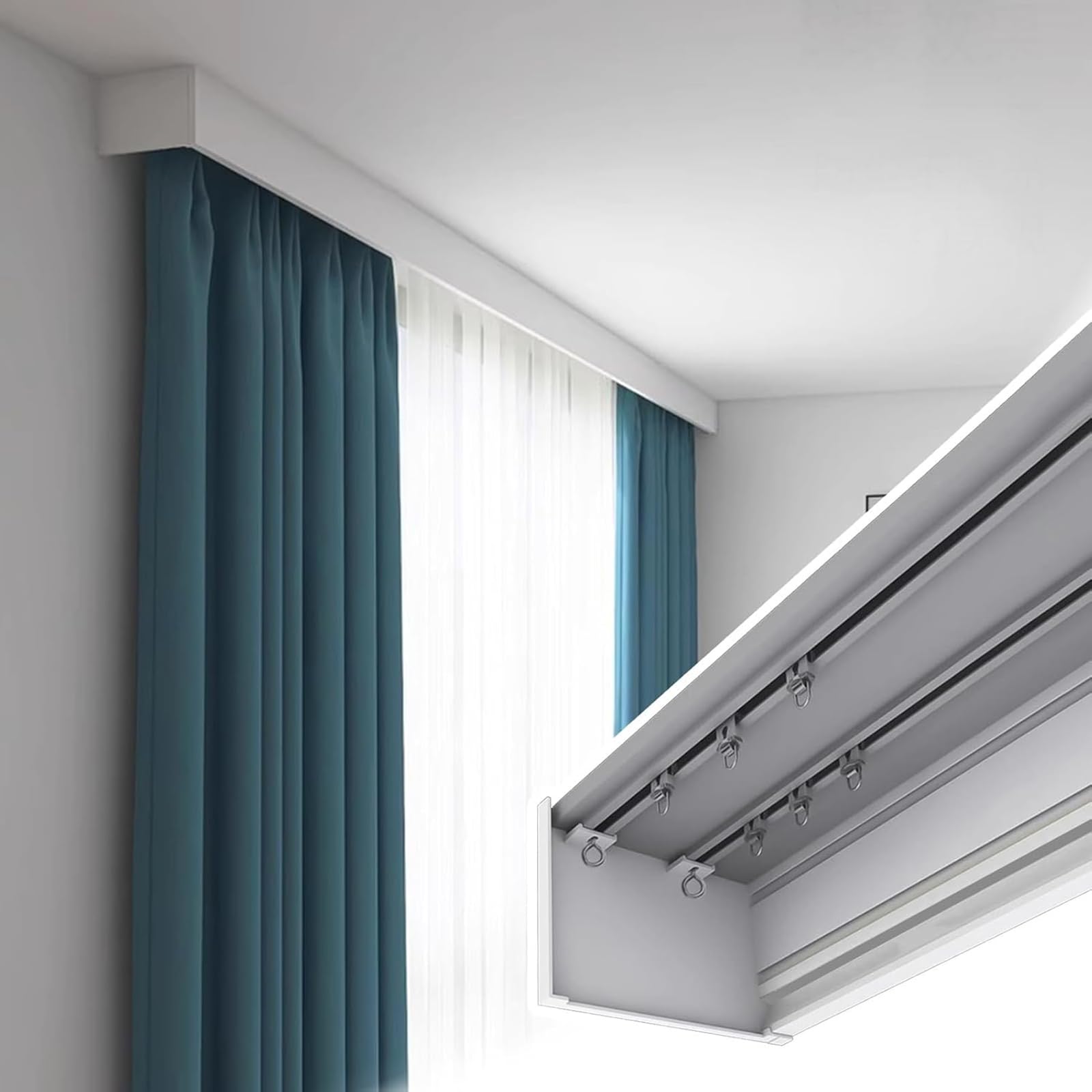 Sistema di binari per tende, montaggio a soffitto a doppio binario per tende, design a scatola in metallo per una facile installazione