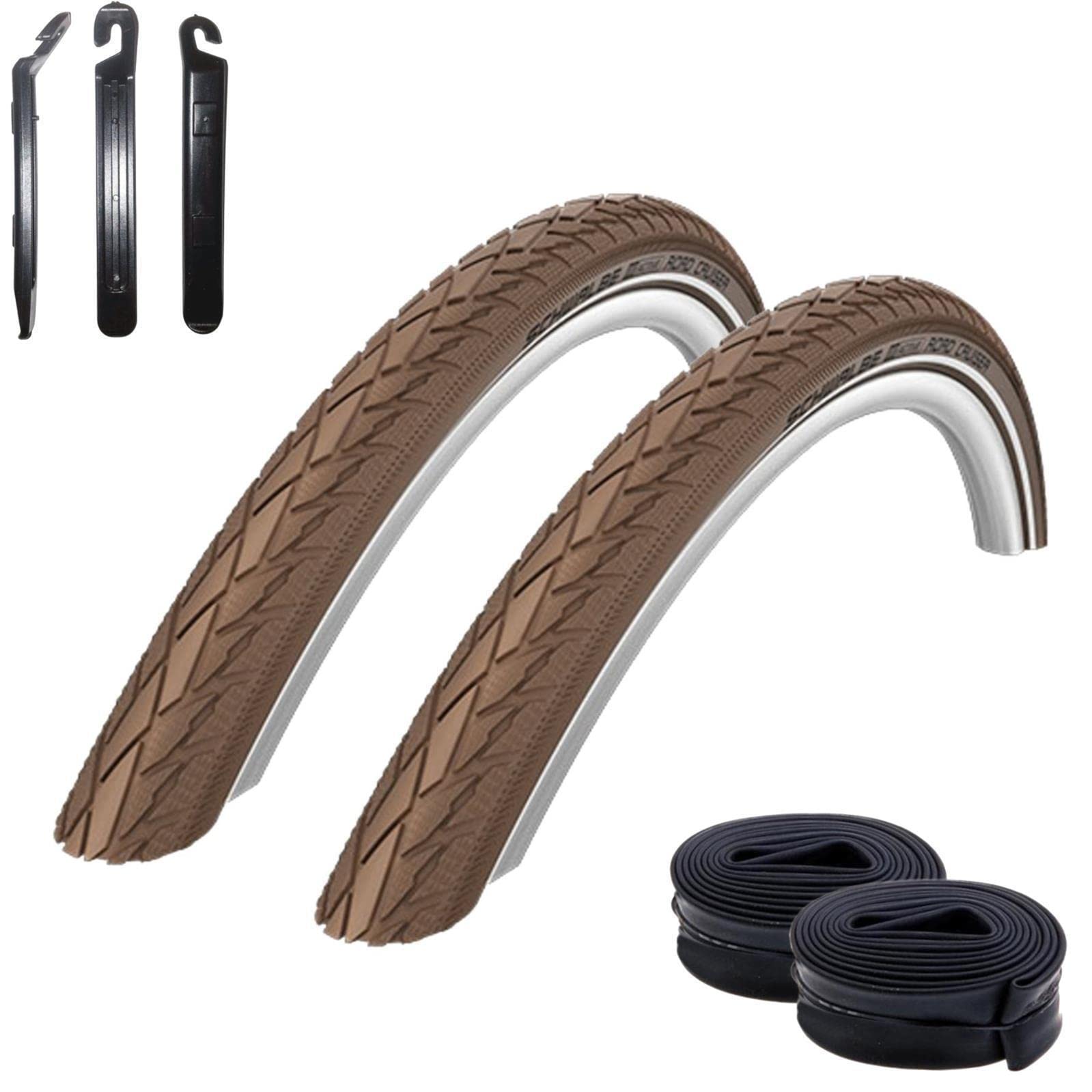 2 x Schwalbe Road Cruiser Coffee Reflex Fahrradreifen Decke 42-622 (28 x 1.60) + 2 Schwalbe AV17 Schläuche inkl. 3 Reifenheber