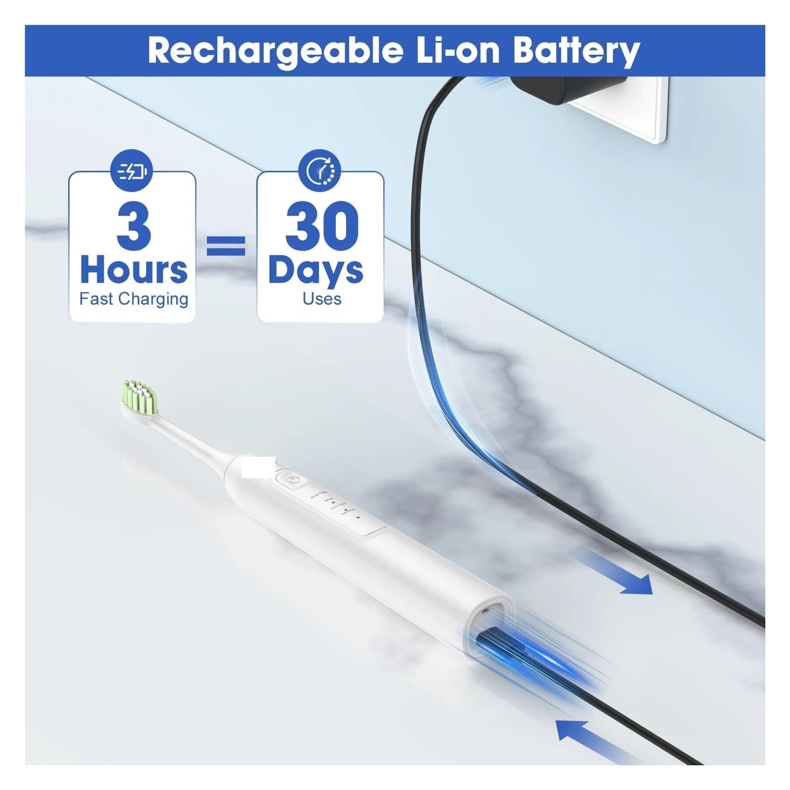 Adecuado para blanquear el cepillo de dientes eléctrico - 4 modos, temporizador inteligente, recargable tipo C, ultra potente con 6 cabezales de repuesto (JK-Y05BK)