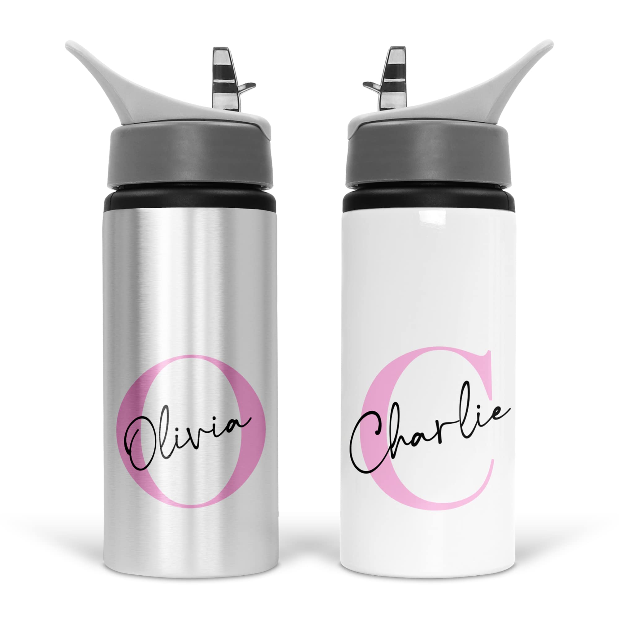 Print Maniacs Personalised Water Bottle School Sport Drink 600ml Leakproof Spill Proof Aluminium Hot Cold Flip up Kid Boys Girls Biking Gift Initial (Pink)