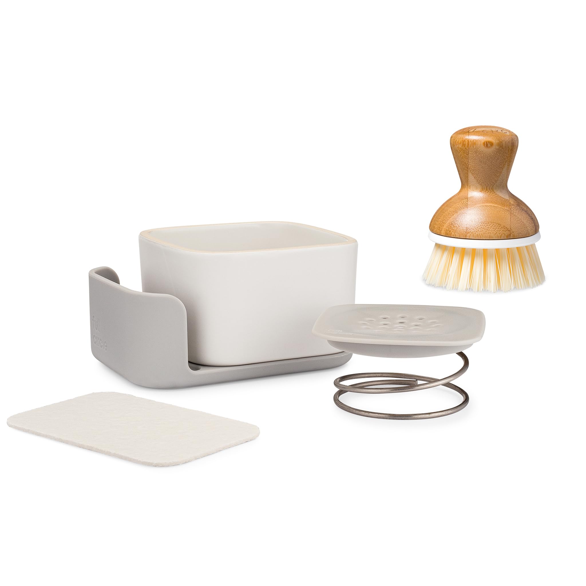 Full Circle Bubble Up Combo-Family Safe,Formaldehyde-Free-Gray Ceramic Soap Dish with Plant-Based Sponge & Bamboo Dish Brush-Versatile Kitchen Scrub Brush Set for Pots,Pans,Counter & Sink,White