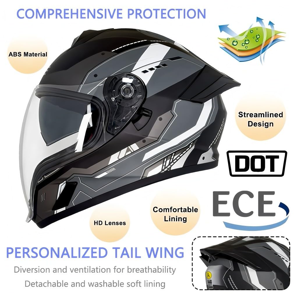 Kask motocyklowy integralny kask z maską, homologacja ECE, wysokiej jakości podwójny wizjer, zdejmowany wewnętrzny system, system wentylacji dla dorosłych mężczyzn/kobiet (M-2XL, 57-64 cm)