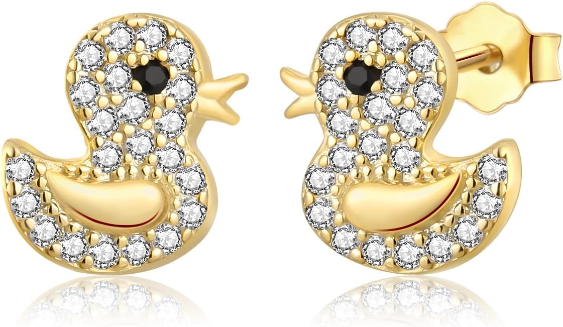 Gold Plated Duck Stud Earrings, Cute Duckling Jewelry Gift, Sterling Silver Post