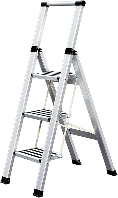 Tatkraft Adamant Aluminium 3 Step Folding Ladder, Anti-Slip Steps and Feet, Holds Up to 150 kg, SGS Certified for Quality and Safety