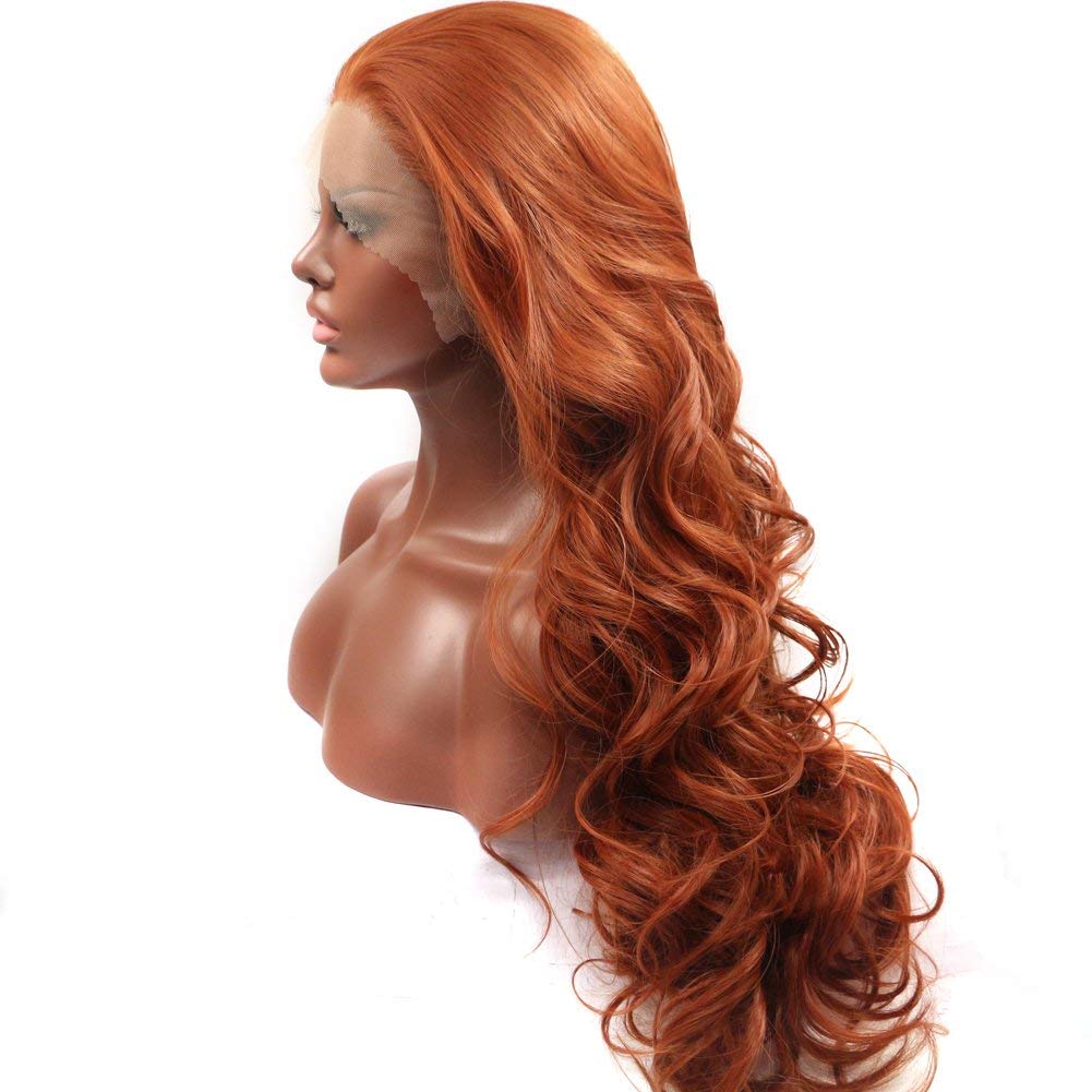 ELESTY Glueless Synthetic Lace Front Wig Copper Red Long Natural Wavy Free Part Lace Wigs Heat Resistant Synthetic Hair Wig for Women 24Inch