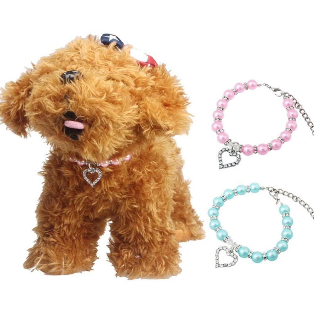 2 collane con perle per animali domestici, con ciondolo a forma di cuore, per chihuahua e cane, accessori per costume da sposa, colore: rosa e blu