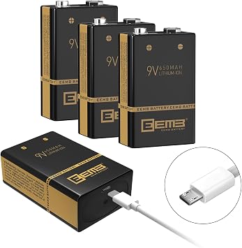 EEMB 4 Pack Rechargeable 9V Batteries Lithium-ion Batteries with USB Charging Cable Li-ion Battery 6F22 for Smoke Alarm Keyboard Microphone Detector Guitar