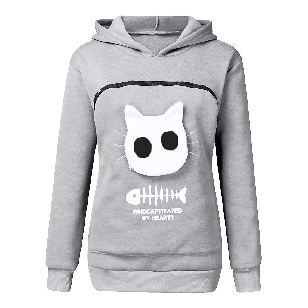 Womens Pet Carrier Hoodies Casual Plus Size Cat Pouch Pullover Sweatshirt with Large Kangaroo Pocket Women's Breathable Fish Bone Print Long Sleeve Hooded Tops Blouse for Small Animals
