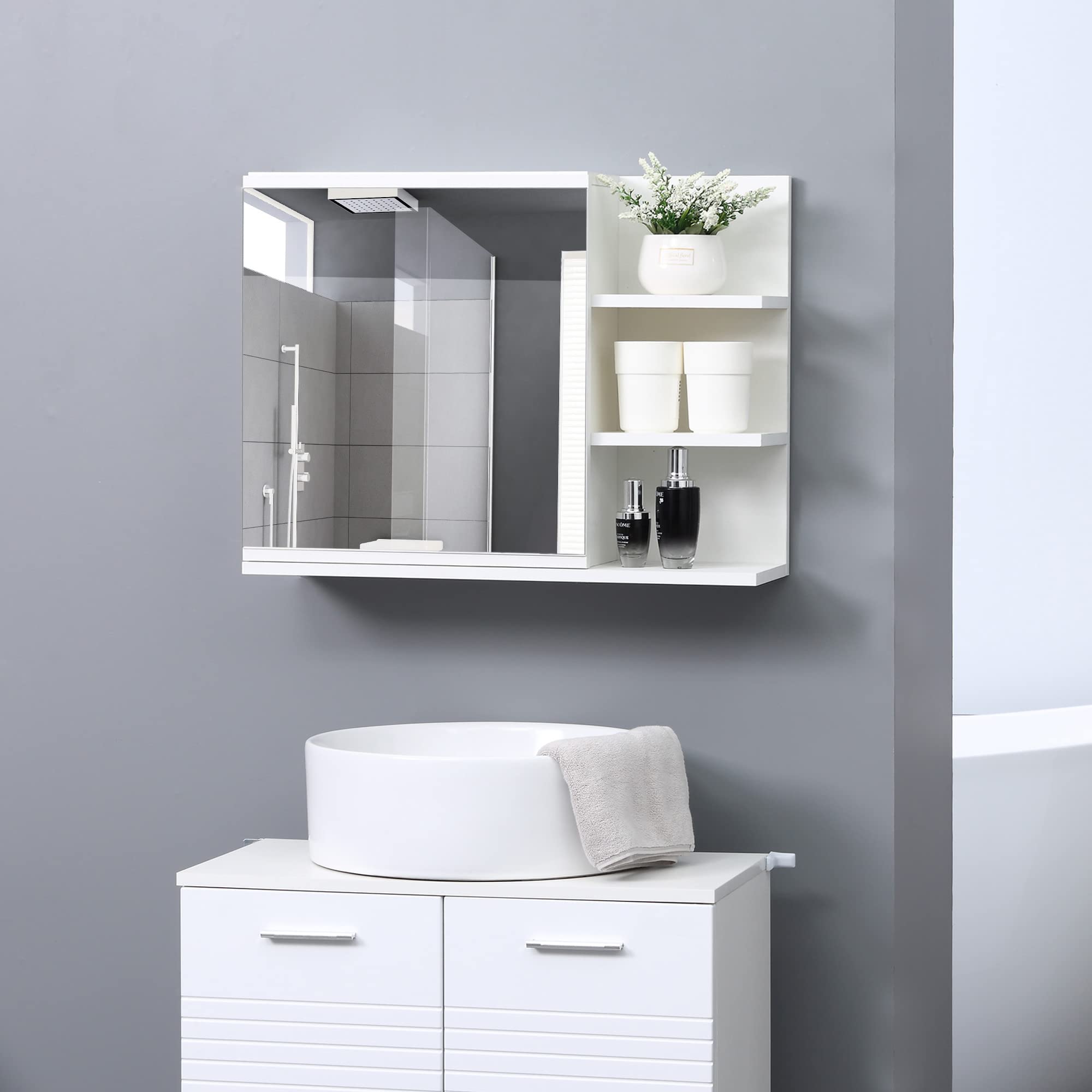 kleankin Armario de Baño con Espejo Armario con Espejo para Baño con 3 Estantes Abiertos y 1 Estante Interior Estilo Moderno 60x18x50 cm Blanco