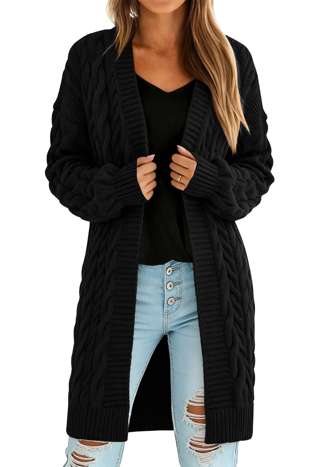 PRETTYGARDEN Cable Knit Long Cardigan Sweaters for Women 2025 Casual Chunky Open Front Long Sleeve Fall Sweater Women