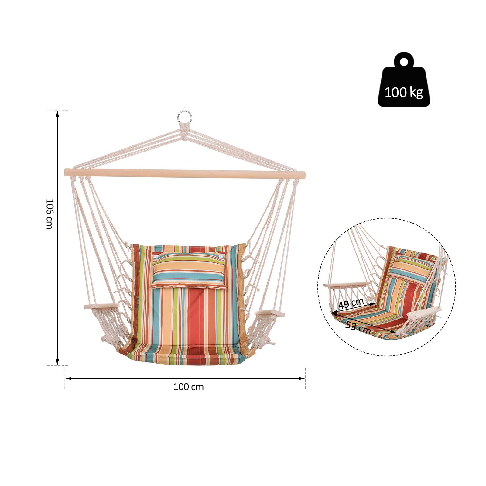Outsunny Chaise Suspendue hamac de Voyage Respirant Portable dim. 100L x 106H cm Coton macramé Polyester Multicolore rayé