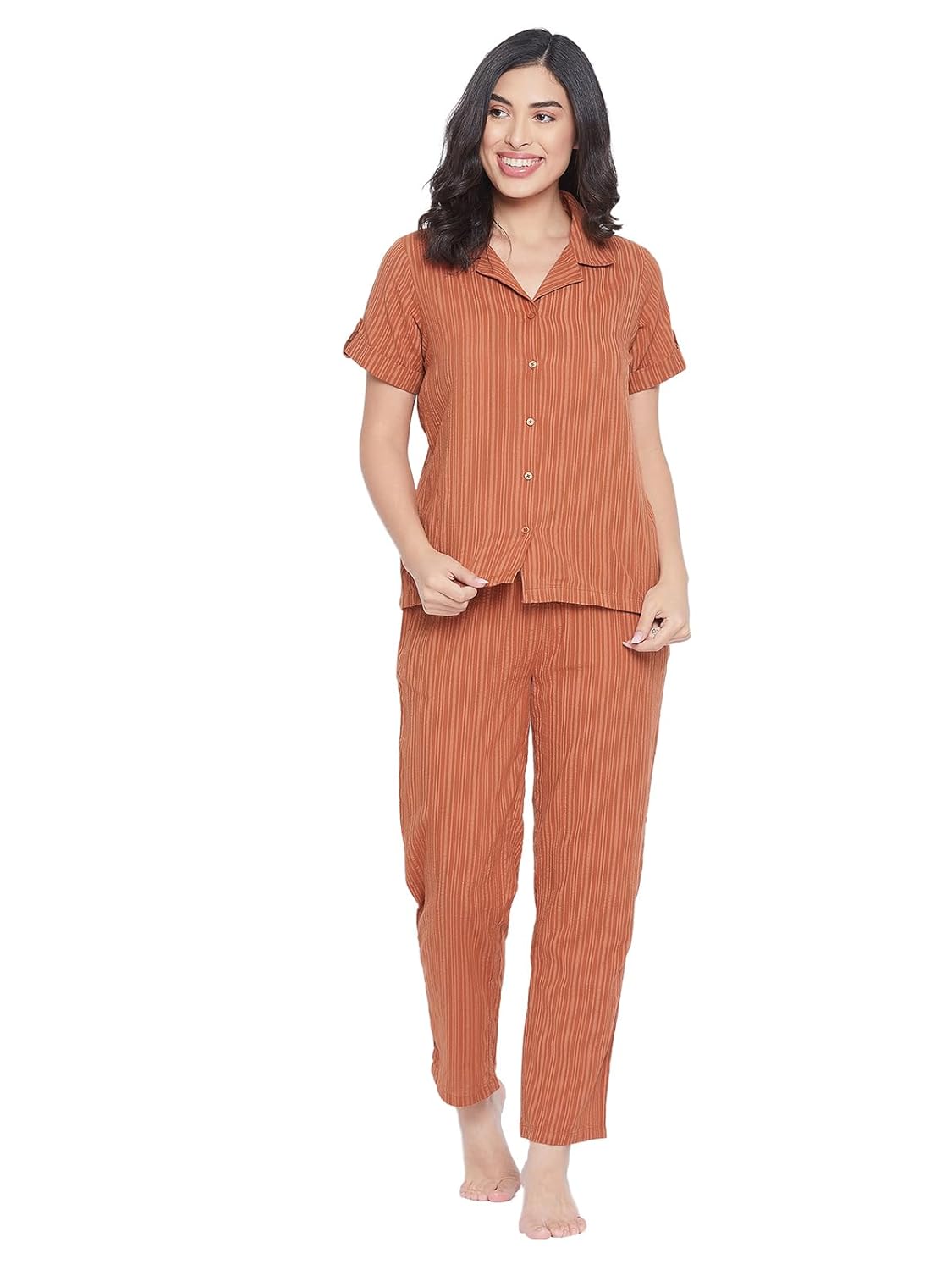 Clovia Women’s Sassy Stripes Button Me Up Shirt & Pyjama Set – Brown
