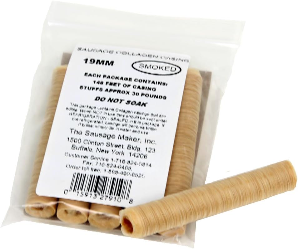 The Sausage Maker® 19mm Collagen Casings For Sausage Making, Edible, Clear, Smoked Beef Collagen Sticks, 3/4” Diameter Snack Stick Casings, 148 Feet Sausage Skin, Stuff Approximately 30 Lbs Meat