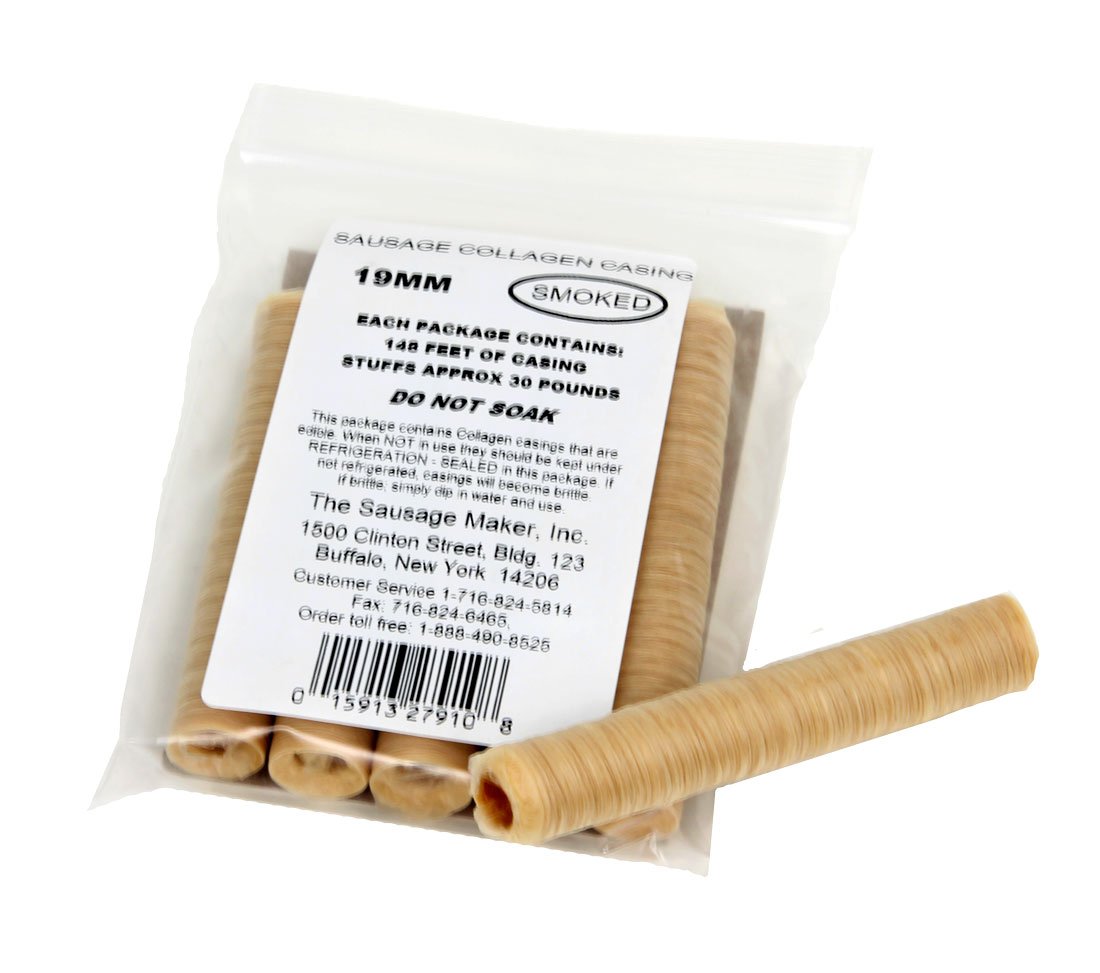 The Sausage Maker® 19mm Collagen Casings For Sausage Making, Edible, Clear, Smoked Beef Collagen Sticks, 3/4” Diameter Snack Stick Casings, 148 Feet Sausage Skin, Stuff Approximately 30 Lbs Meat