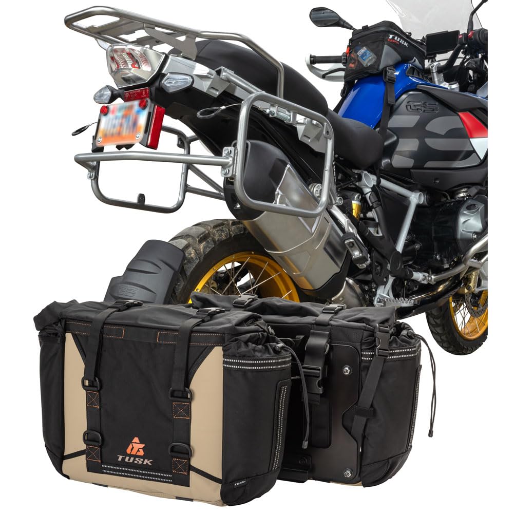 TUSK Pannier Racks With Olympus Pannier Bags Black/Tan - Silver Racks Compatible with BMW R1200GS/R1250GS/Adventure 2013-2024