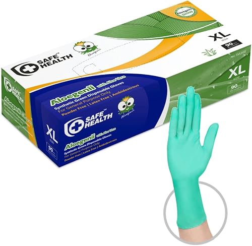 Safe Health Aloegenii - Guantes desechables de vinilo verde HD, revestimiento de aloe vera, 5.5 mil, caja de 100, grandes, sin látex, sin polvo,