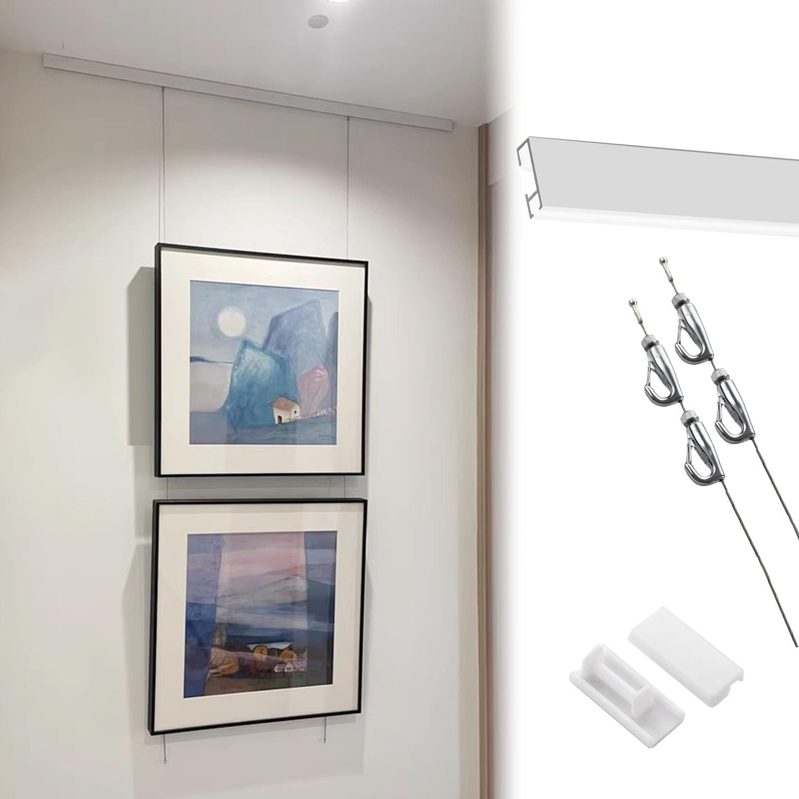 Cimaise pour Tableau Kit de Suspension pour Tableaux avec Rails, Crochets Doubles pour Accrocher Tableaux, Affiches, Miroirs et Horloges(0.7m/27"Rail,2.5m/98"Cable)