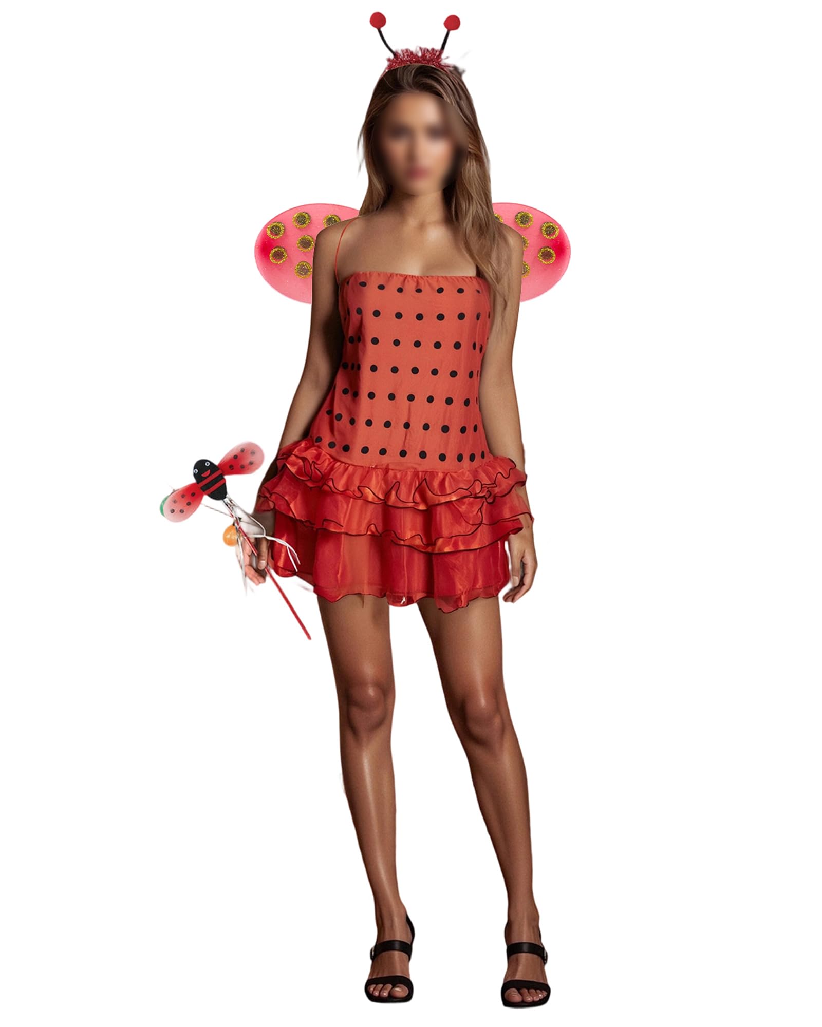 Women Halloween Bee Cosplay Costume Sleeveless Bumble Bee Dress with Wings Headband Knee High Socks Party Carnival Outfits (Red D, S) — image 1